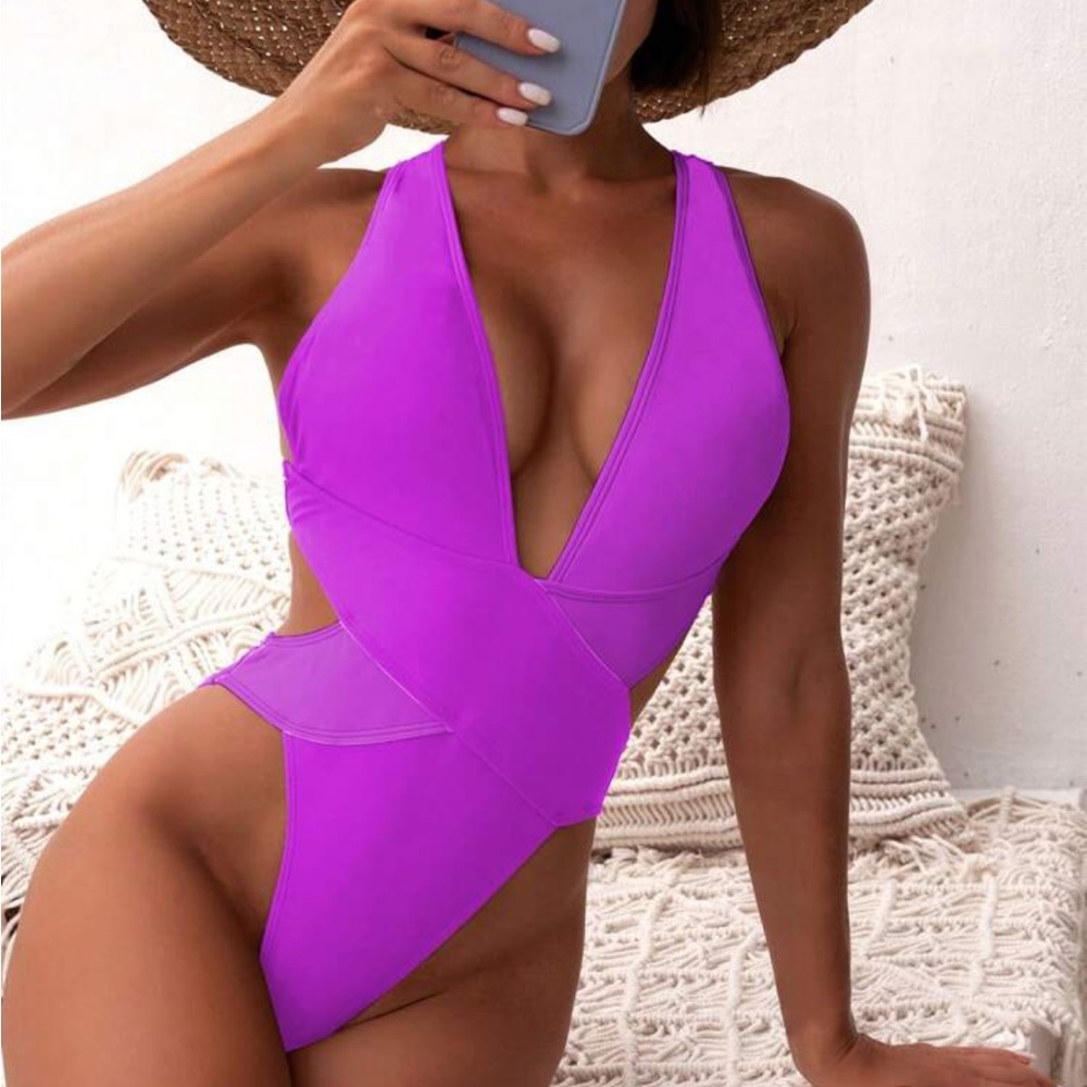 Purple Ruched Criss Cross Back One Piece Swimsuit - Picture 4 of 6